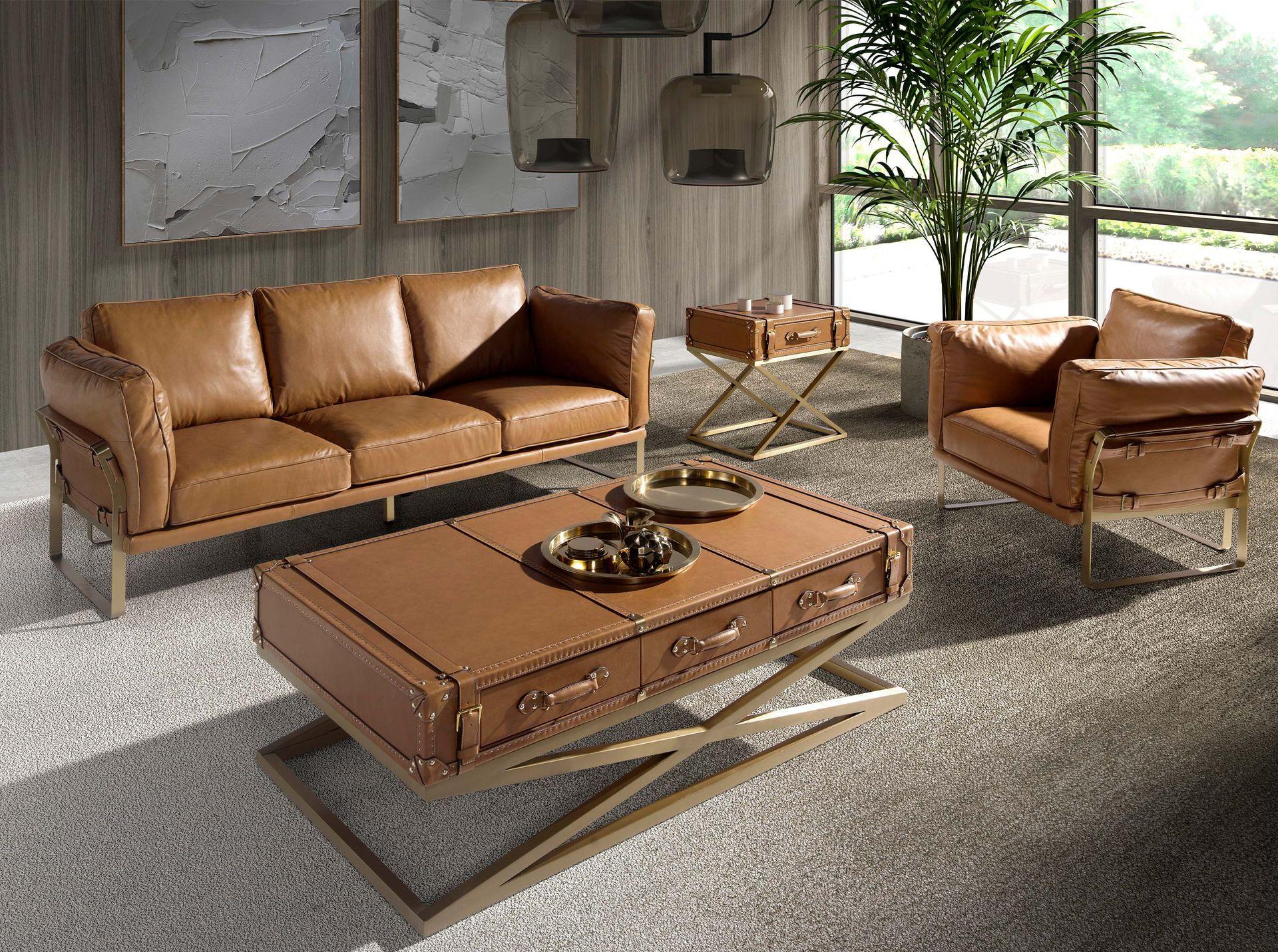 ANGEL CERDA Rechteckiger Ecktisch aus Leder und goldenem Stahl  