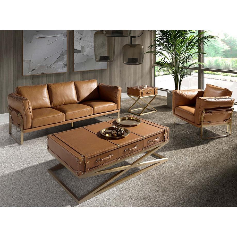 ANGEL CERDA Tavolino rettangolare in pelle e acciaio dorato  