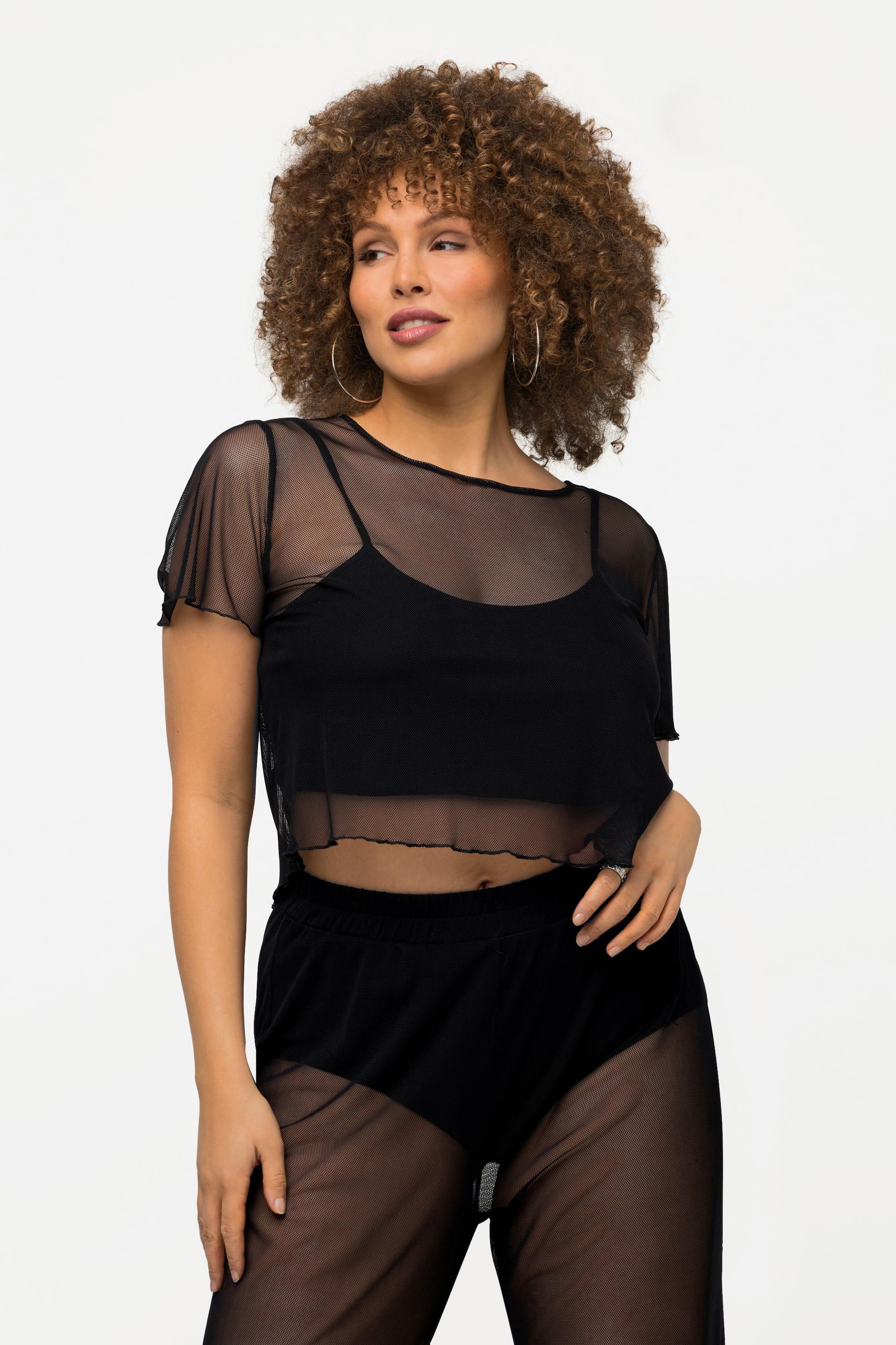 Ulla Popken  T-shirt en tulle à manches courtes. Décolleté rond. Soutien-gorge intégré. 