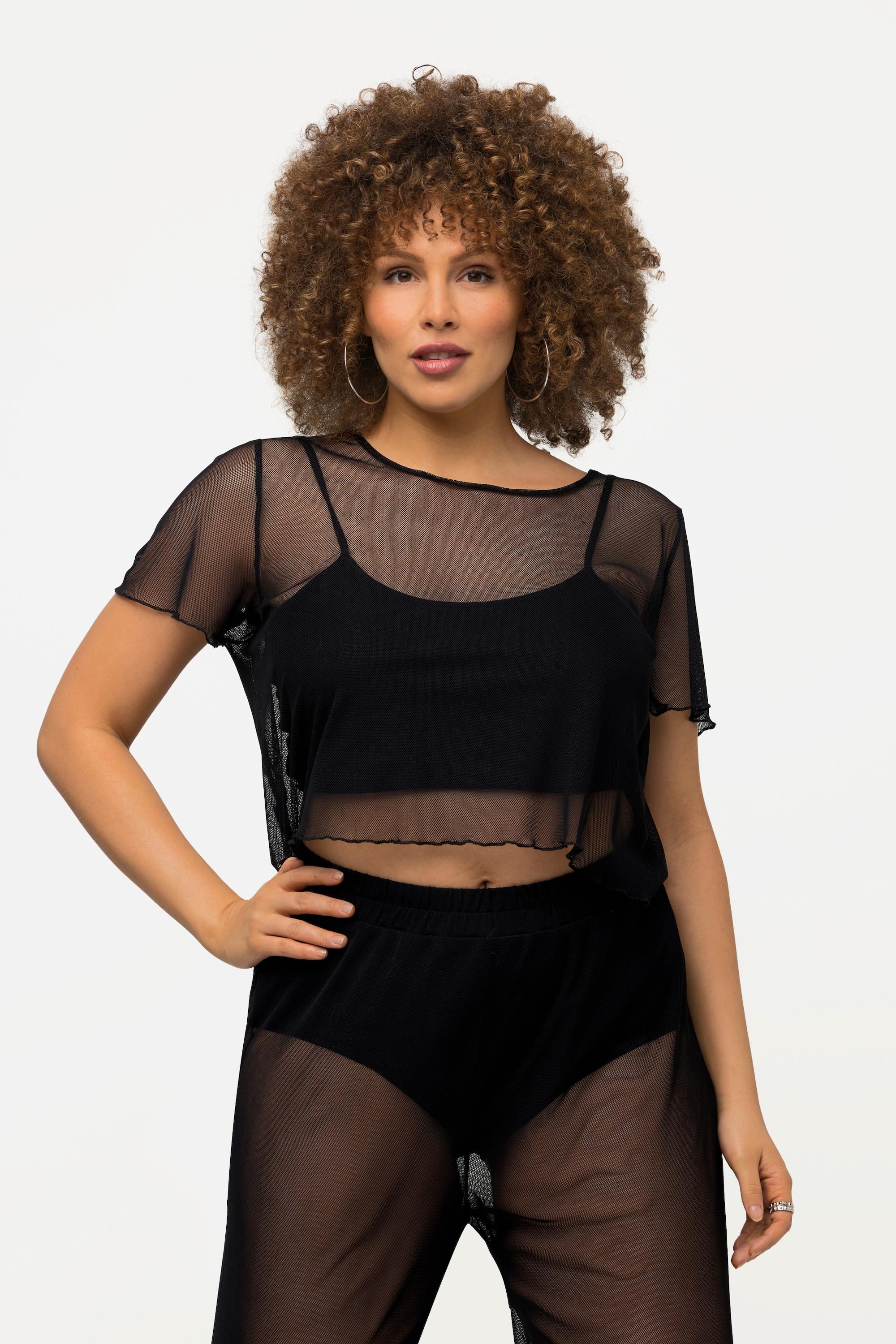 Ulla Popken  T-shirt en tulle à manches courtes. Décolleté rond. Soutien-gorge intégré. 