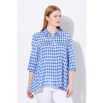 Blusa a quadri dal taglio oversize con orlo a punte, collo da camicia e maniche a 3/4