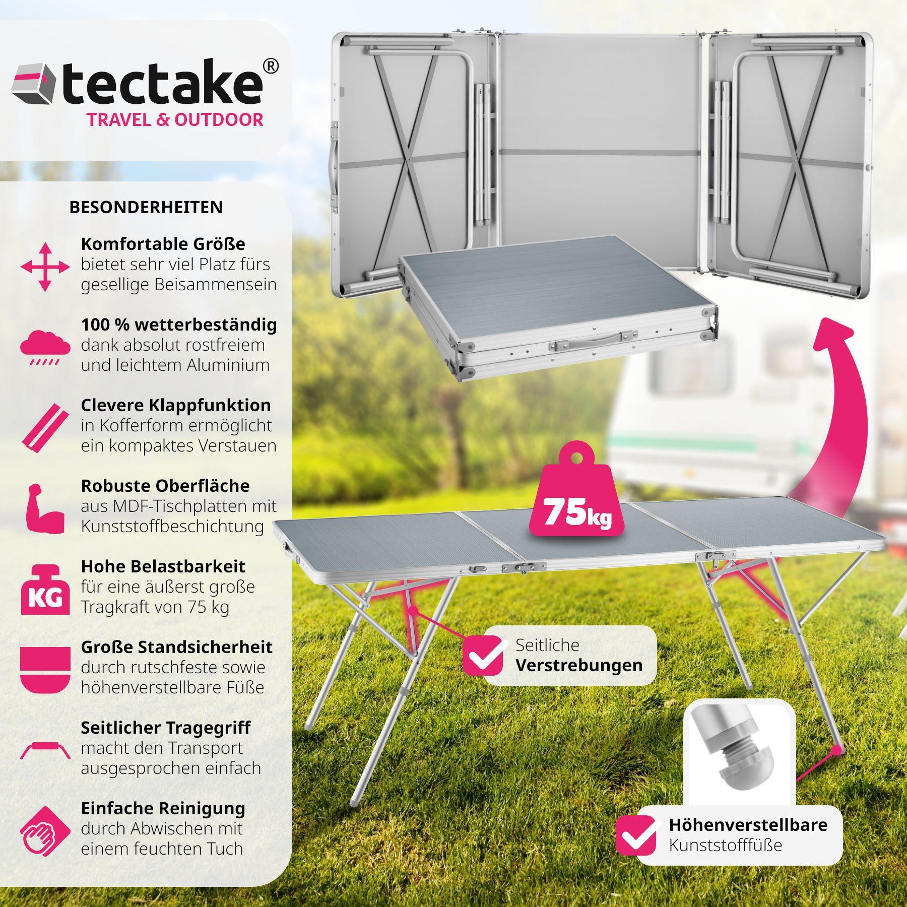 Tectake  Table pliante Jumbo en aluminium avec poignée de transport 180x70x70,5cm 