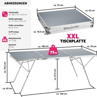 Tectake  Table pliante Jumbo en aluminium avec poignée de transport 180x70x70,5cm 