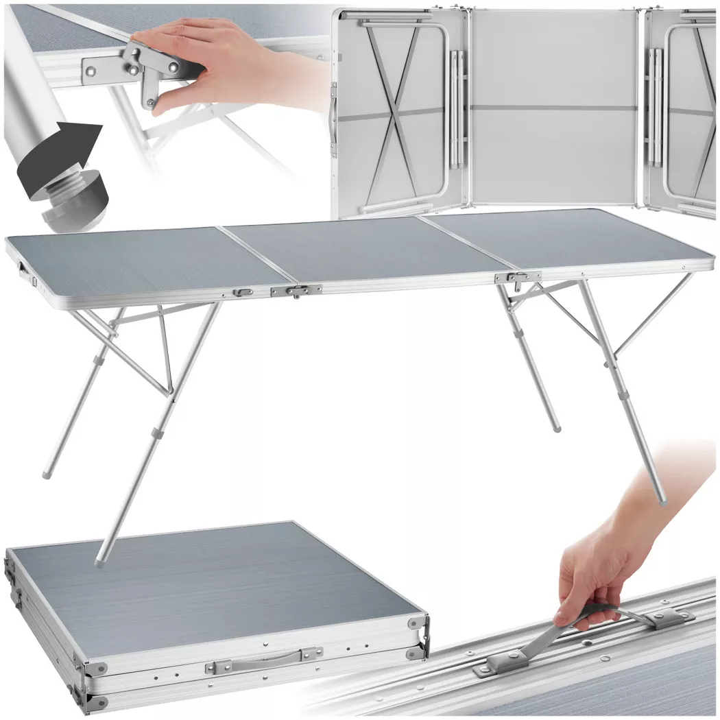 Tectake - Mesa plegable de aluminio Jumbo con asa de transporte 180 x 70 x 70 cm  Mesa de camping XXL plegable de aluminio resistente a la intemperie  Muy resistente de tableros MDF revestidos de