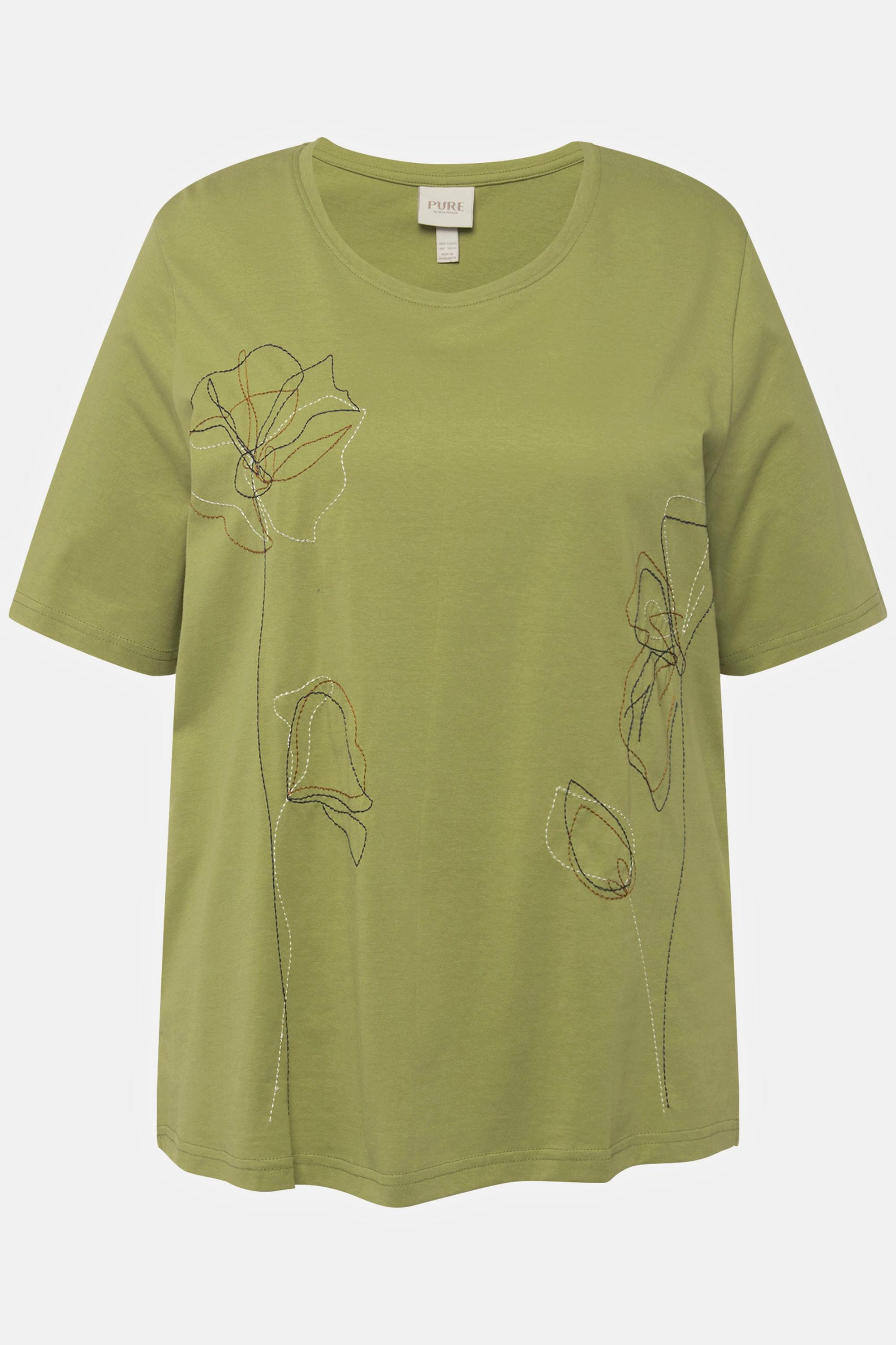 Ulla Popken  T-shirt in cotone biologico con ricami, scollo a girocollo e mezze maniche 