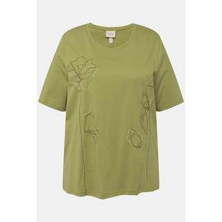 Ulla Popken  T-shirt in cotone biologico con ricami, scollo a girocollo e mezze maniche 