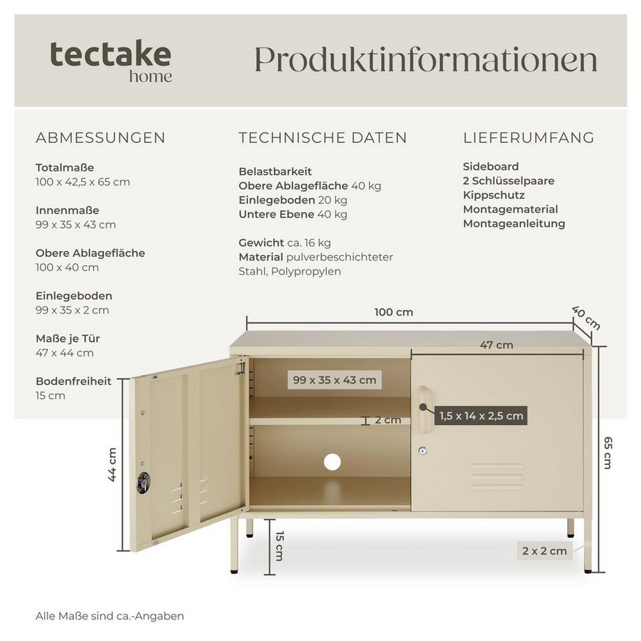 Tectake Sideboard Baker 2 Türen mit Magnetverschluss, einzeln abschließbar verstellbarer Zwischenboden  