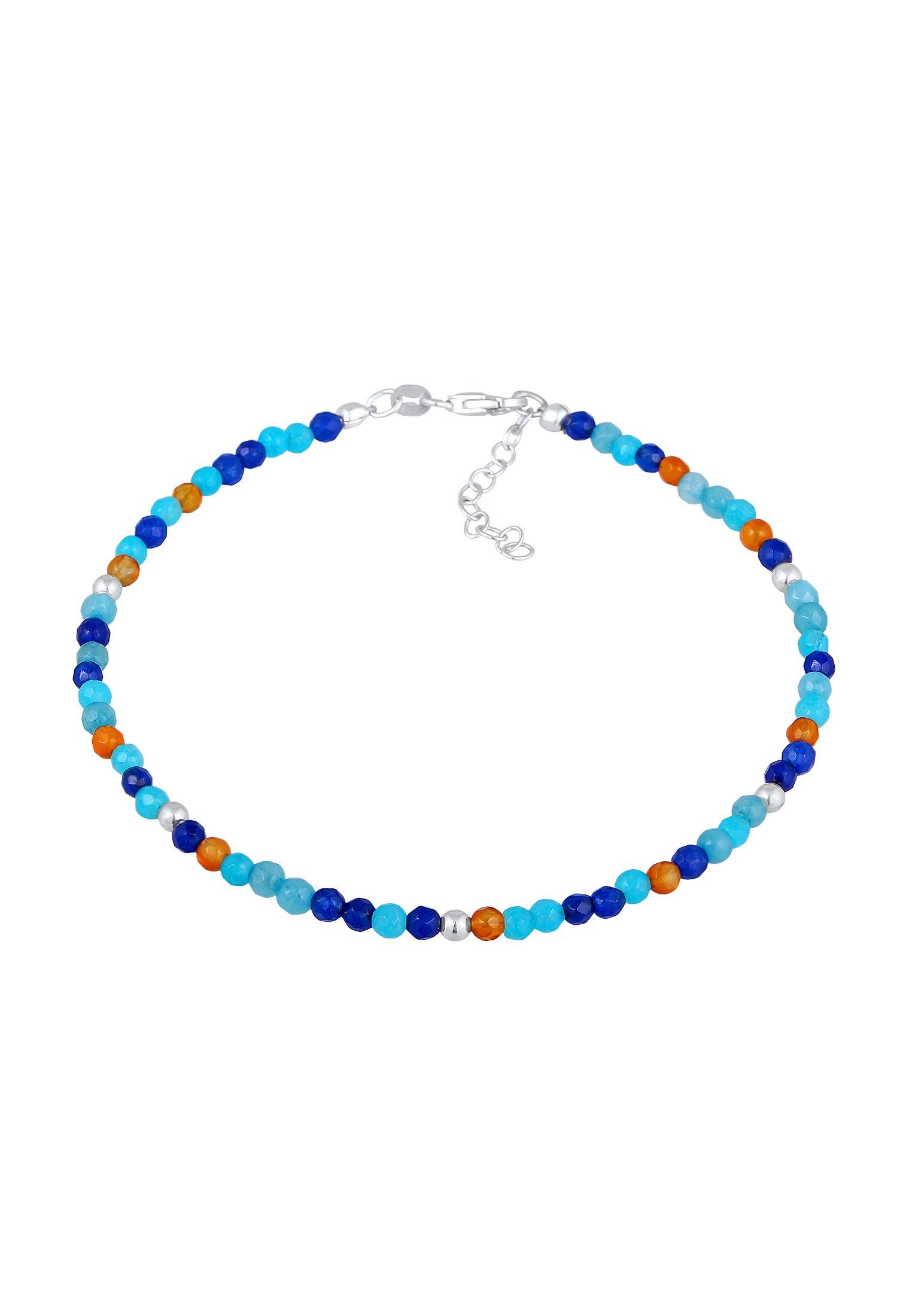 Image of Fußschmuck Achat Kugeln Blau Bunt 925 Silber Unisex Silber 22cm