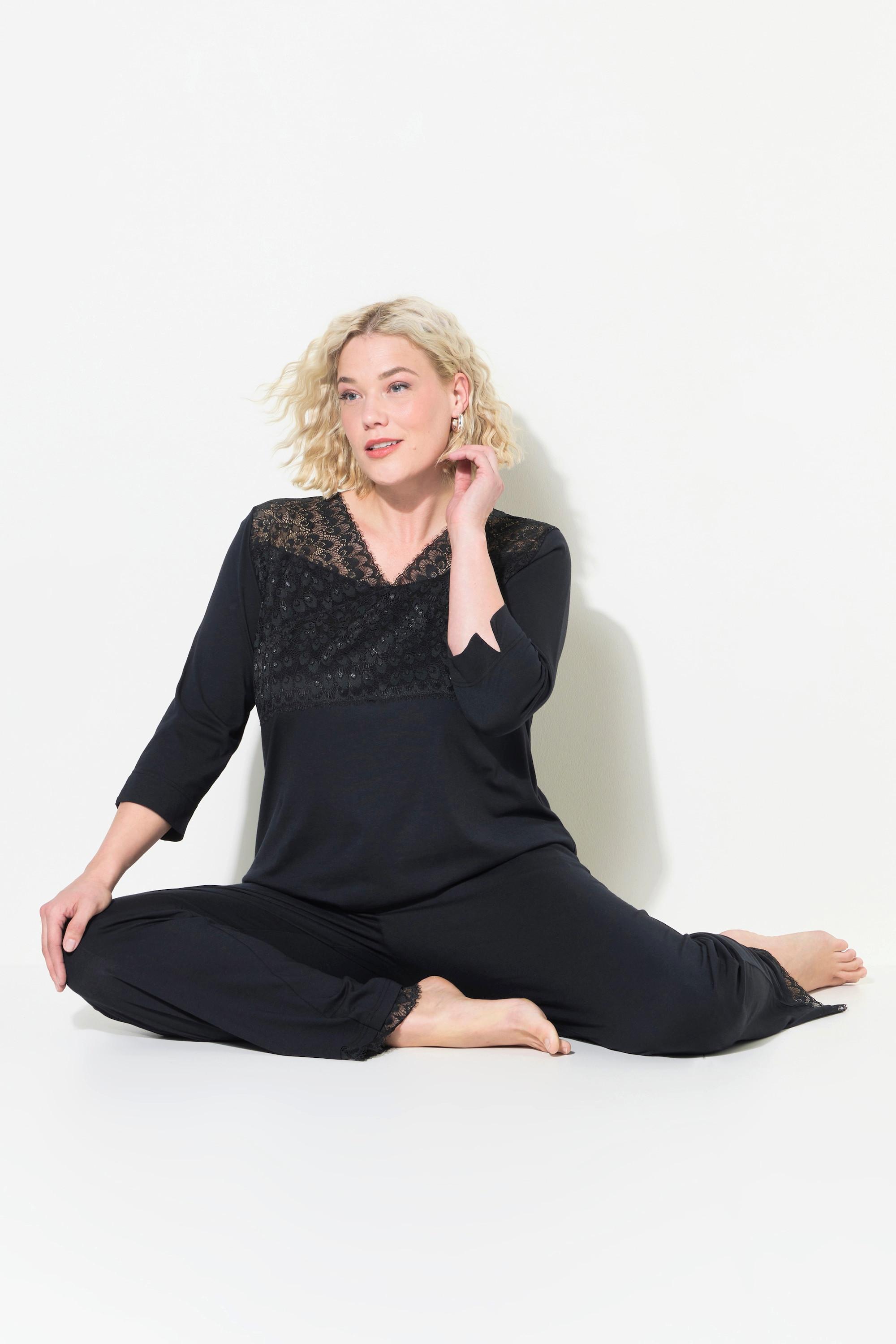 Ulla Popken Pigiama Inserto Pizzo Scollo V Maniche 3/4  