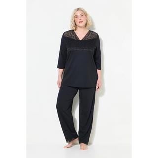 Ulla Popken  Pyjama, Spitzeneinsatz, V-Ausschnitt, 3/4-Arm 