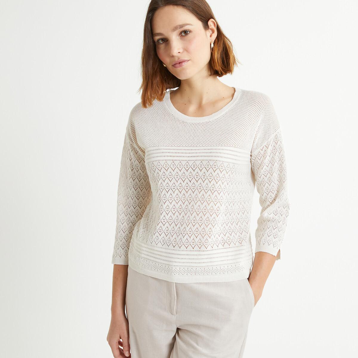 Image of Feinstrickpullover Mit Rundhalsausschnitt & Pointelle-muster Damen Weiss 46