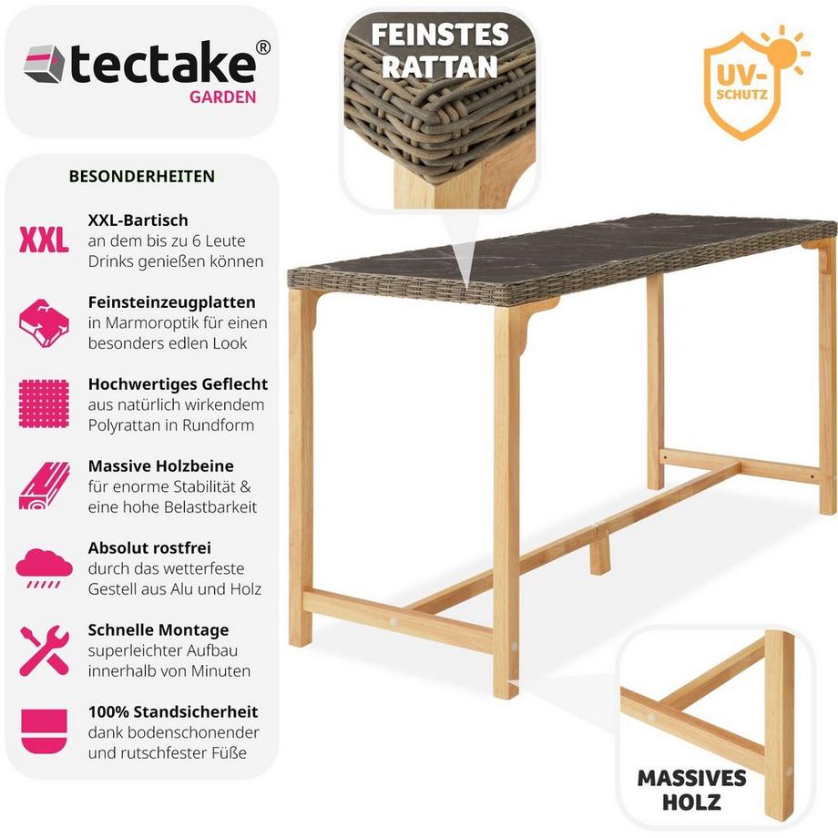 Tectake Rattan Tisch Lovas mit Aluminium- und Holzgestell abnehmbare Feinsteinzeugplatten  