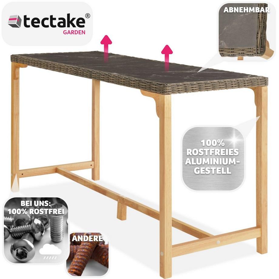 Tectake Rattan Tisch Lovas mit Aluminium- und Holzgestell abnehmbare Feinsteinzeugplatten  
