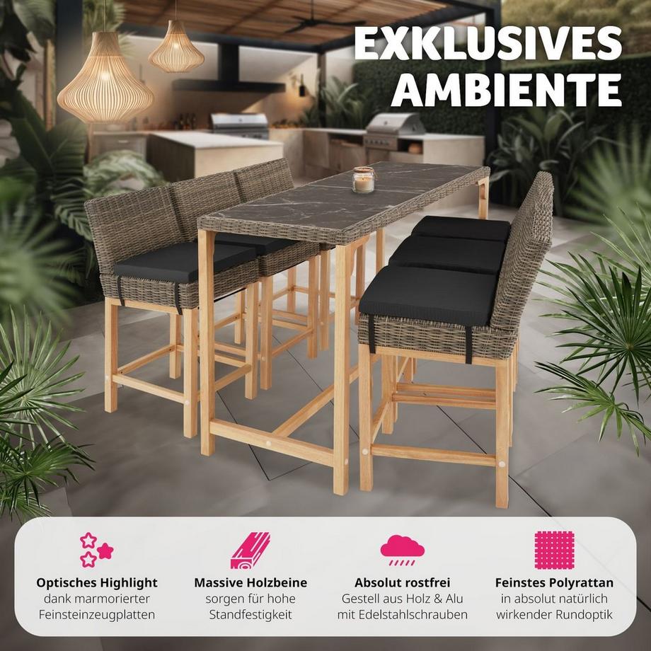 Tectake Rattan Tisch Lovas mit Aluminium- und Holzgestell abnehmbare Feinsteinzeugplatten  