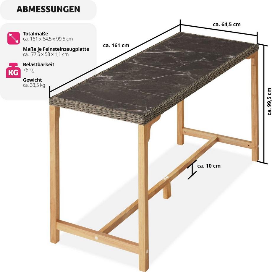 Tectake Rattan Tisch Lovas mit Aluminium- und Holzgestell abnehmbare Feinsteinzeugplatten  