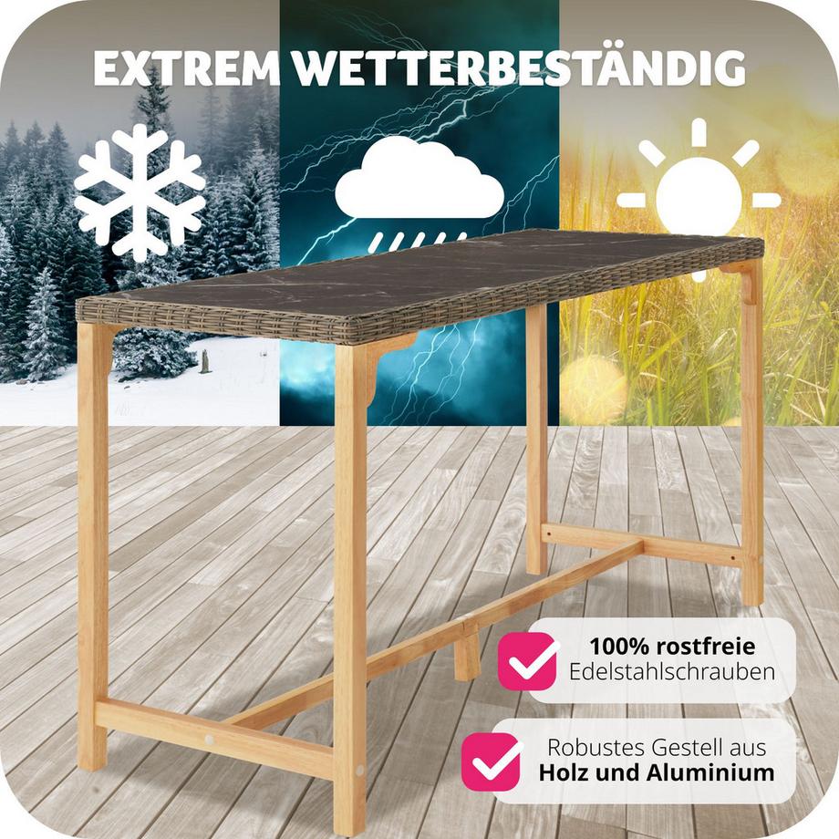 Tectake Rattan Tisch Lovas mit Aluminium- und Holzgestell abnehmbare Feinsteinzeugplatten  