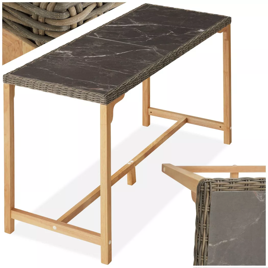 tectake® Rattan Tisch, mit Aluminium- und Holzgestell, wetterfest und UV-beständig, 161 x 64,5 x 99,5 cm