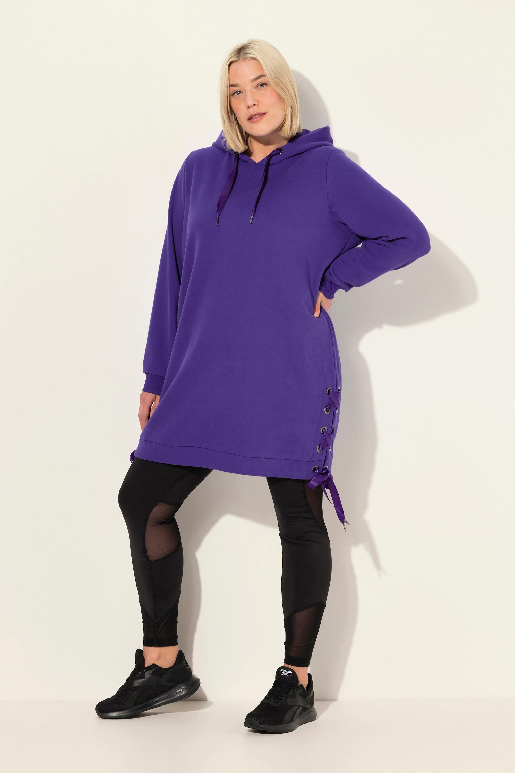 Ulla Popken  Long sweat à capuche, manches longues et bandes en satin 