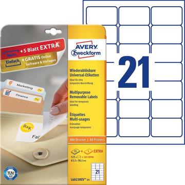 Avery-Zweckform L6023REV-25 Etichette 63.5 x 38.1 mm Carta Bianco 630 pz. Staccabile Etichetta universale Inchiostro