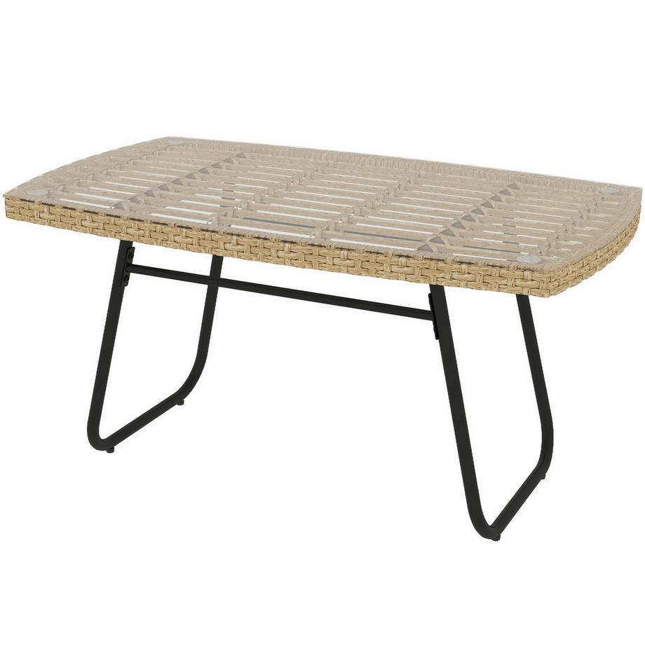 Polyrattan Gartentisch, 90 x 50 x 45 cm, UV-beständig Beistelltisch mit Glasplatte, rechteckiger Terrassentisch, Balkontisch für Garten, Terrasse, Balkon Naturholz Aosom