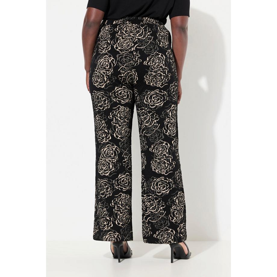 Ulla Popken Pantaloni Jersey Jacquard Fiori Taglio Gamba Ampio Cintura Elastica  