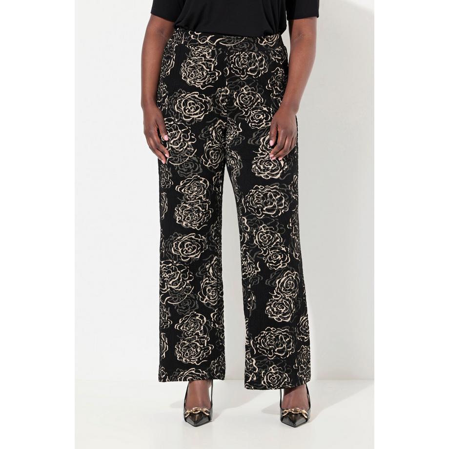 Ulla Popken Pantaloni Jersey Jacquard Fiori Taglio Gamba Ampio Cintura Elastica  