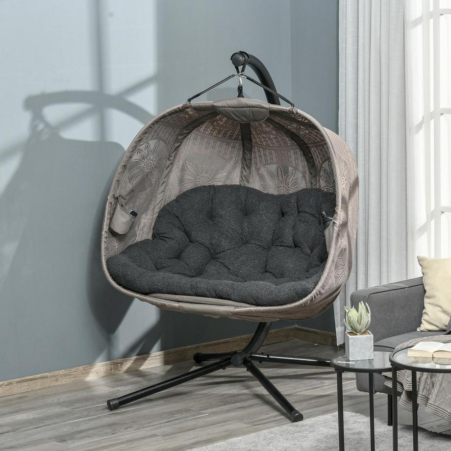 Northio Hängesessel Hängekorb Mit Gestell Für 2 Personen Hängeschaukel Hängestuhl Mit Kissen Korb Faltbar Blumen-Strickstoff Stahl  