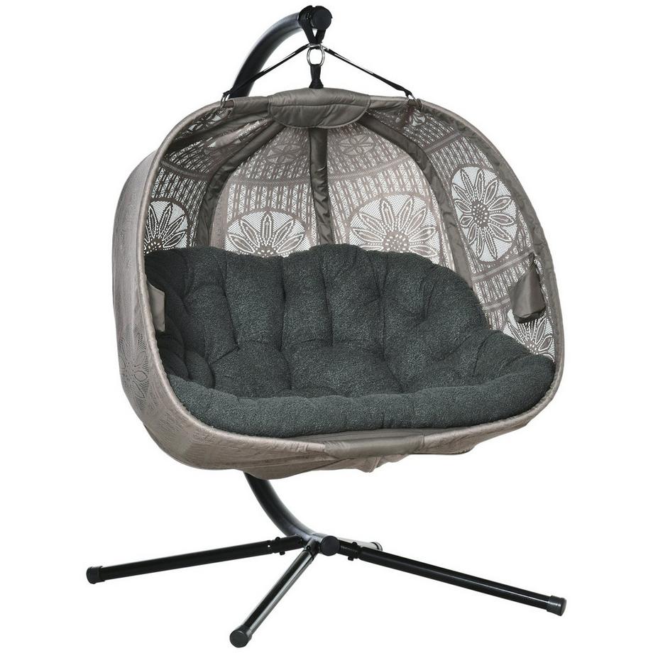 Hängesessel Hängekorb Mit Gestell Für 2 Personen Hängeschaukel Hängestuhl Mit Kissen Korb Faltbar Blumen-Strickstoff Stahl