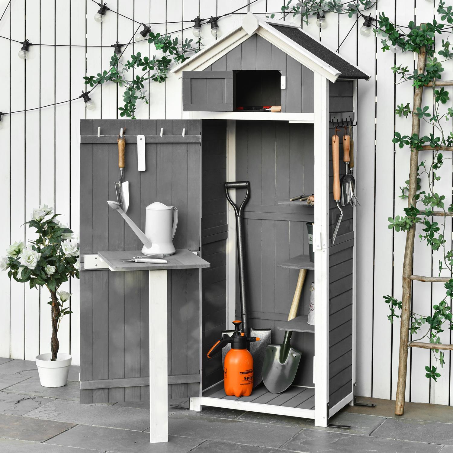 Northio Armadio da giardino con porta e tetto, casetta per attrezzi in legno, grigio, 78x52,5x182 cm, ideale per riporre gli oggetti in giardino e tavolo pieghevole  