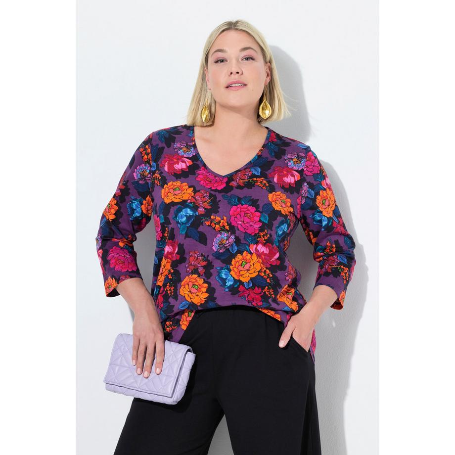 Ulla Popken Maglia Taglio Svasato Scollo a V Maniche 3/4  