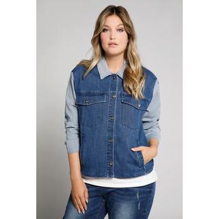 Ulla Popken  Giacca di jeans dal taglio oversize in stile color blocking con orli non rifiniti 