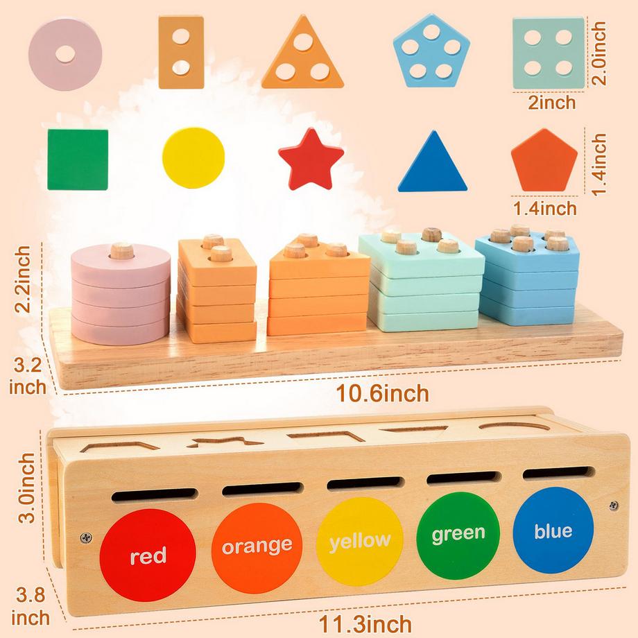 Activity-board  Passendes Holzspielzeug für Vorschulkinder, Sortierkasten für Formen und Farben, Holzspielzeug zum Stapeln, einschließlich geometrischer Blöcke und mathematischer Zähler 