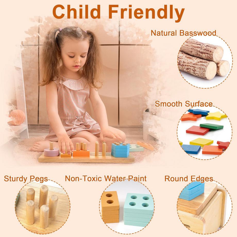 Activity-board  Passendes Holzspielzeug für Vorschulkinder, Sortierkasten für Formen und Farben, Holzspielzeug zum Stapeln, einschließlich geometrischer Blöcke und mathematischer Zähler 