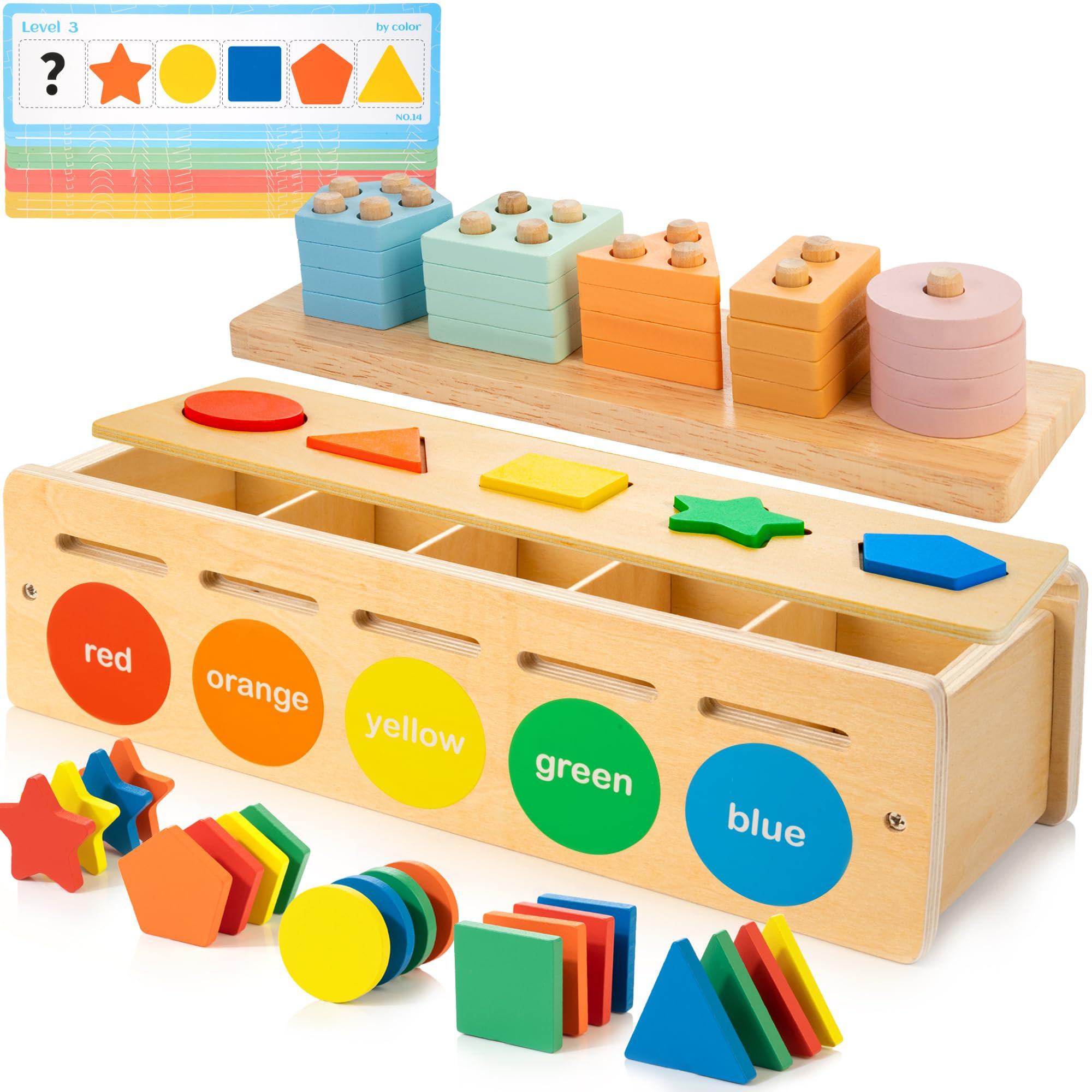 Activity-board  Jouets en bois assortis pour enfants d'âge préscolaire, boîte de tri des formes et des couleurs, jouets en bois à empiler comprenant des blocs géométriques et des pions mathématiques. 