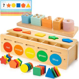 Activity-board  Jouets en bois assortis pour enfants d'âge préscolaire, boîte de tri des formes et des couleurs, jouets en bois à empiler comprenant des blocs géométriques et des pions mathématiques. 