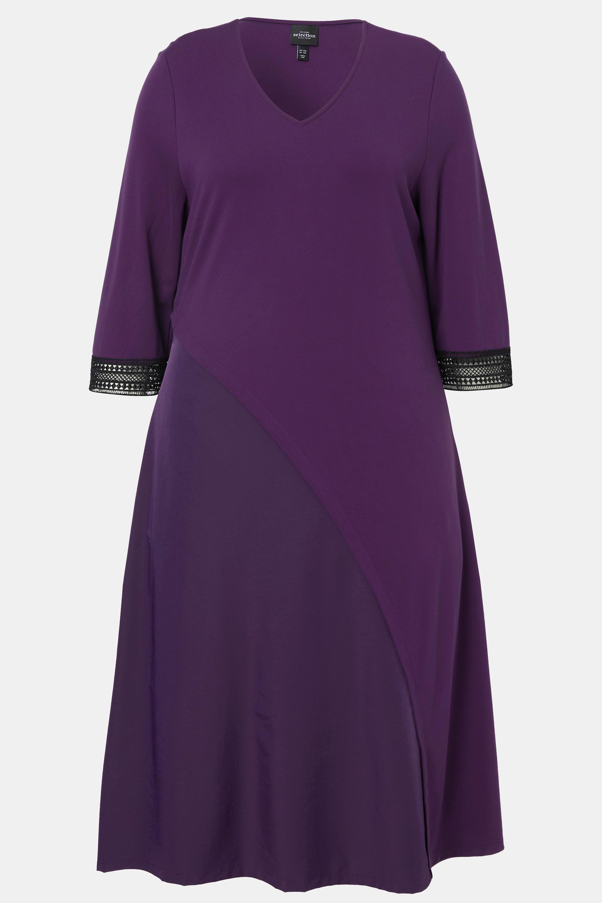 Ulla Popken  Punto-Kleid, A-Linie, Tafteinsatz, V-Ausschnitt, 3/4-Arm 