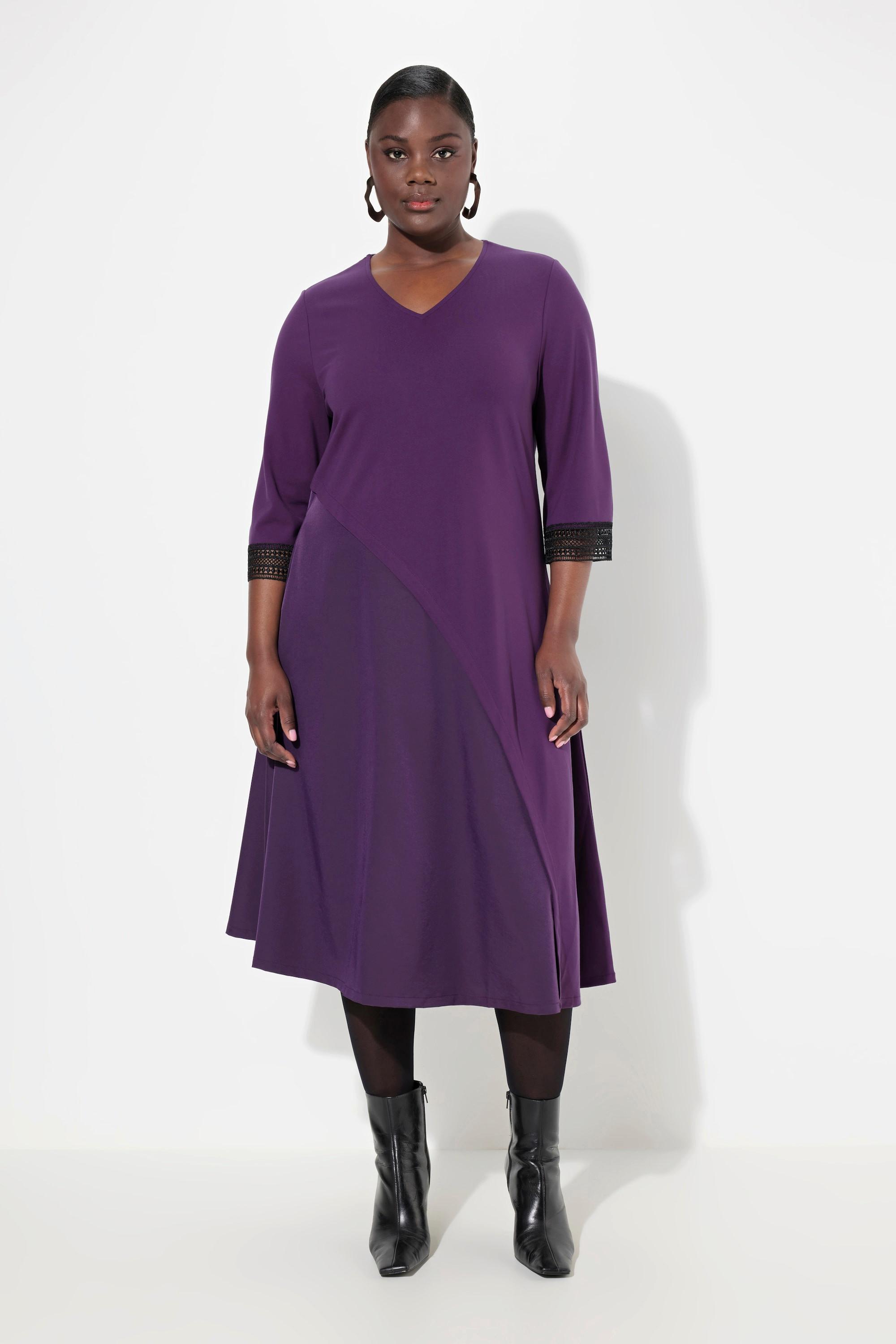 Ulla Popken  Punto-Kleid, A-Linie, Tafteinsatz, V-Ausschnitt, 3/4-Arm 