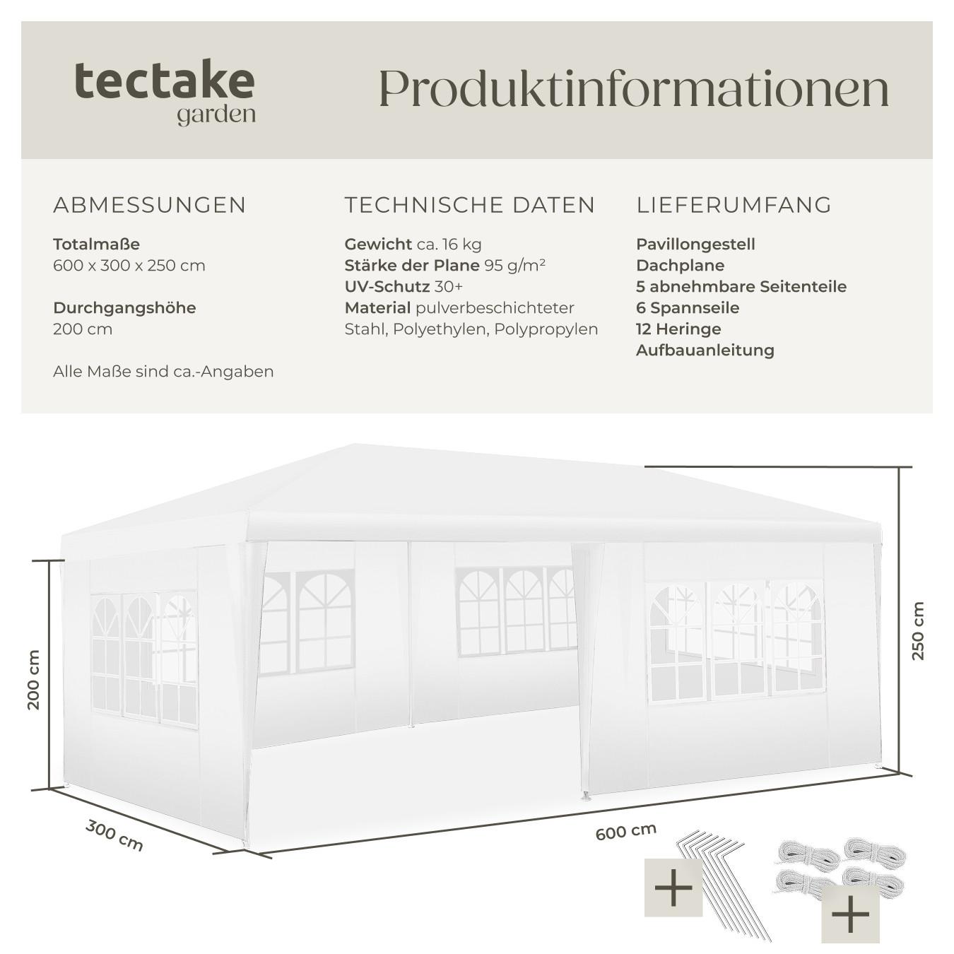 Tectake Pavillon Novara 6 x 3 m, im Stecksystem 5 abnehmbare Seitenteile  