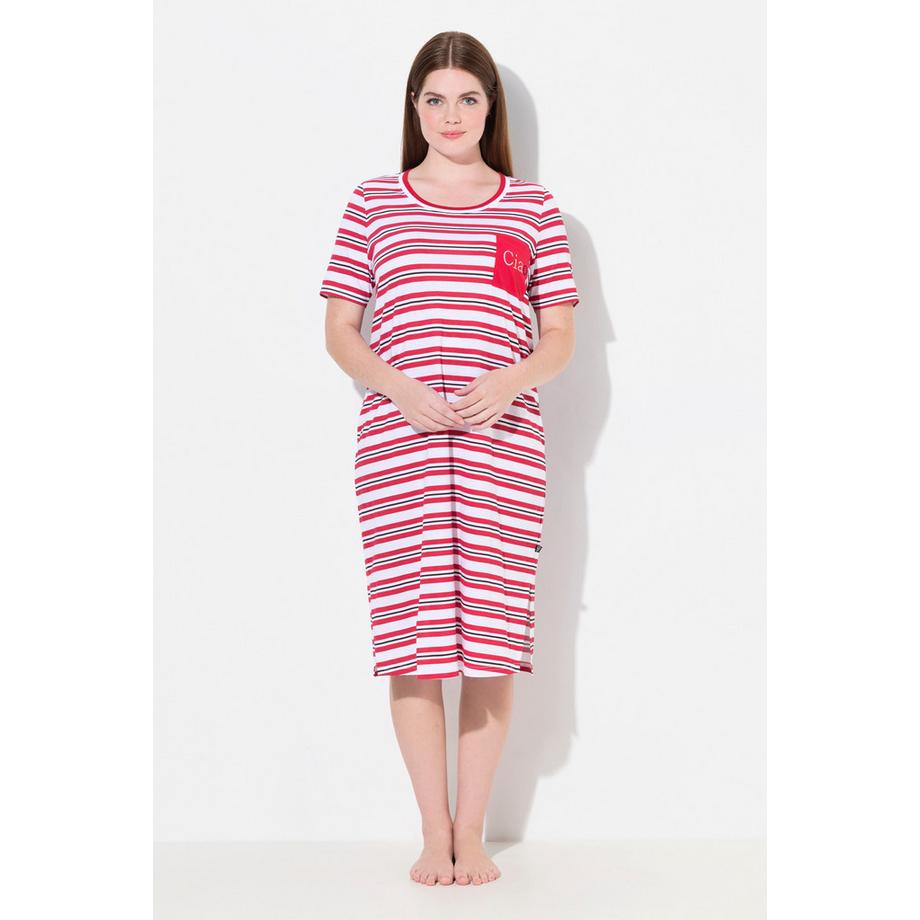 Ulla Popken Chemise de nuit rayée col rond manches courtes avec poche poitrine  