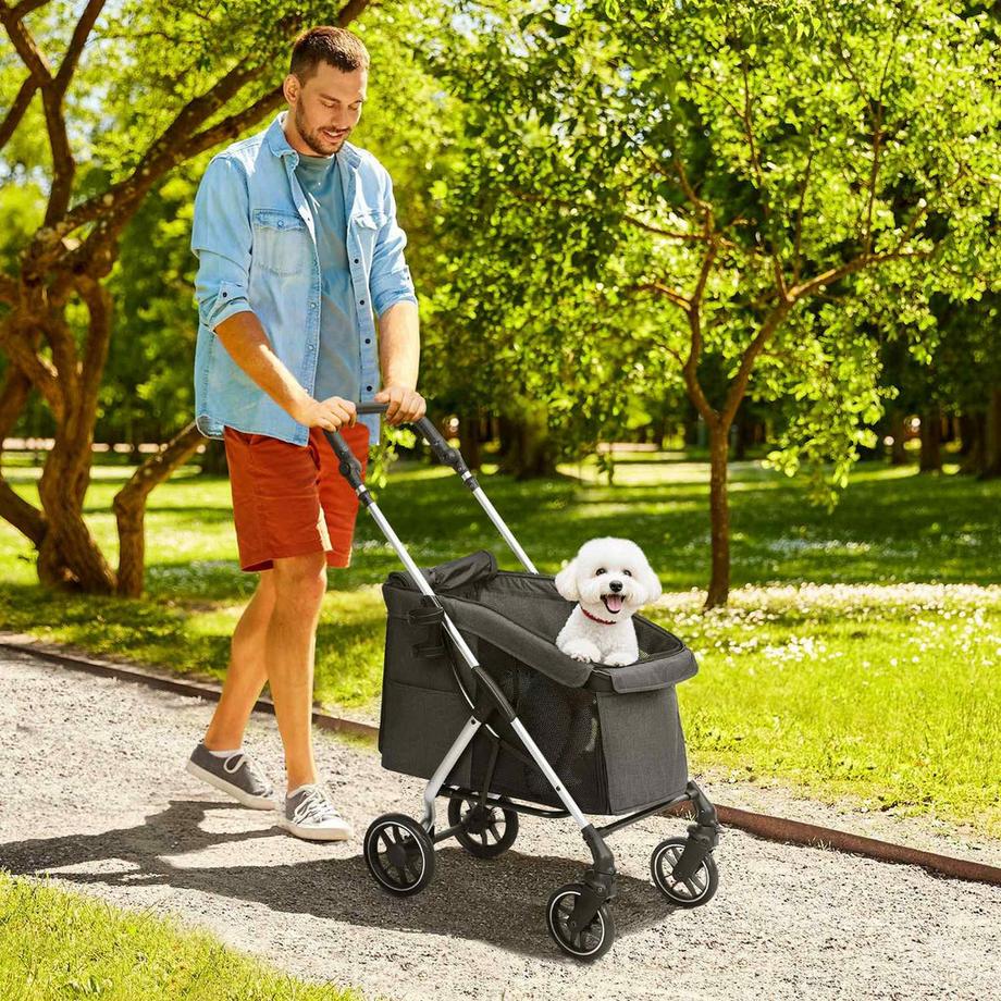 Northio  Hundewagen leicht Hundebuggy aus Aluminium klappbar für Hunde & Katzen bis 10 kg Katzenbuggy mit Kissen Netzfenstern Türen Aufbewahrungskorb Katzenwagen Buggy Grau Aosom 