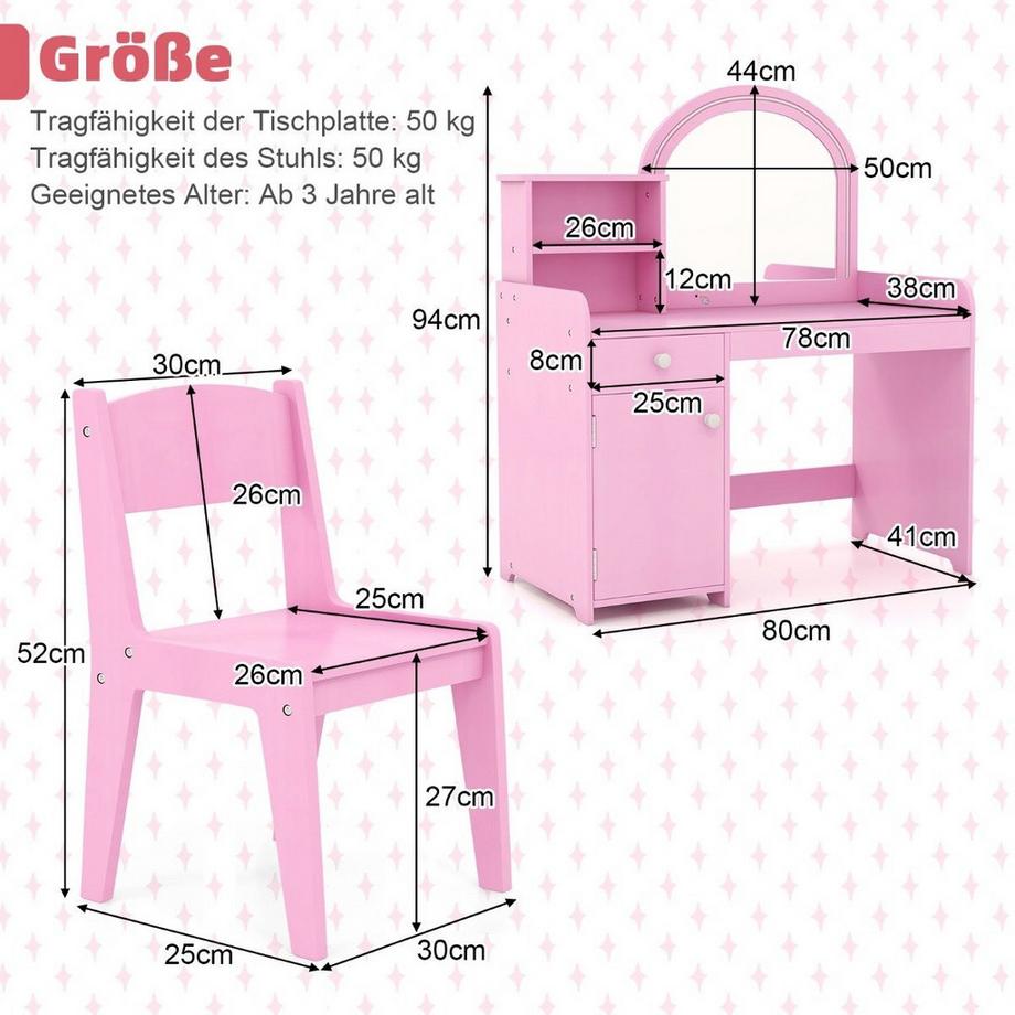 Northix  Ensemble de coiffeuse pour enfants 2 en 1 avec tabouret, lumières LED, miroir et tiroir, table cosmétique rose 