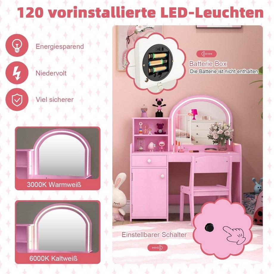 Northix  Ensemble de coiffeuse pour enfants 2 en 1 avec tabouret, lumières LED, miroir et tiroir, table cosmétique rose 