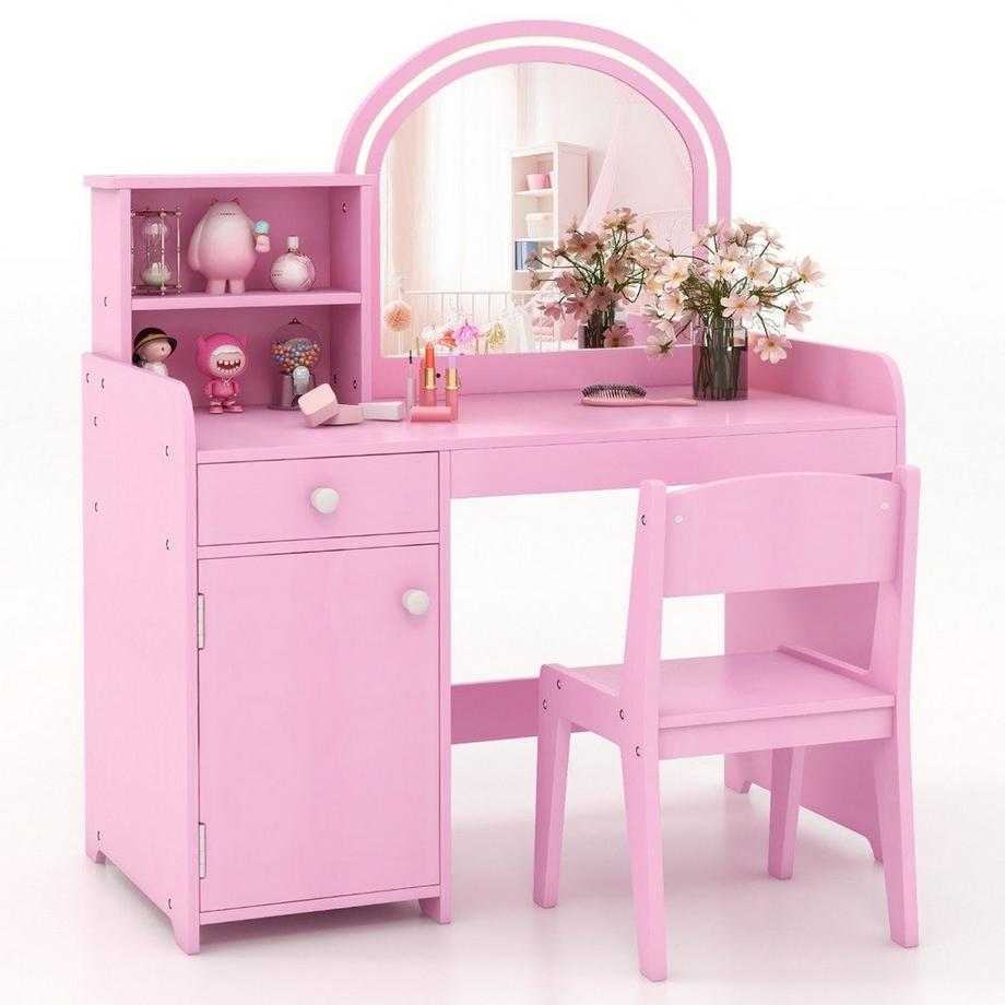 Northix  Ensemble de coiffeuse pour enfants 2 en 1 avec tabouret, lumières LED, miroir et tiroir, table cosmétique rose 