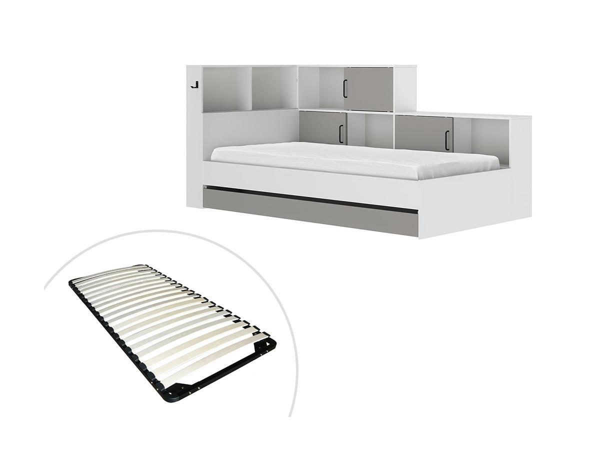 Image of Bett mit Stauraum & Schublade + Lattenrost - 90 x 200 cm - Weiß & Grau - ARMAND Bett mit Stauraum & Schublade + Lattenrost - 90 x 200 cm - Weiß & Grau - ARMAND