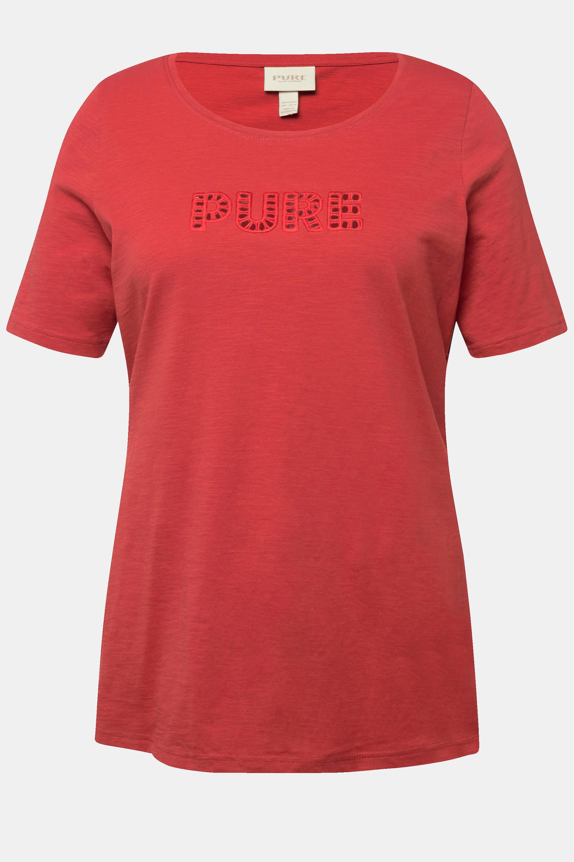 Ulla Popken  T-Shirt, PURE-Stickerei, Rundhals, Halbarm, Biobaumwolle 