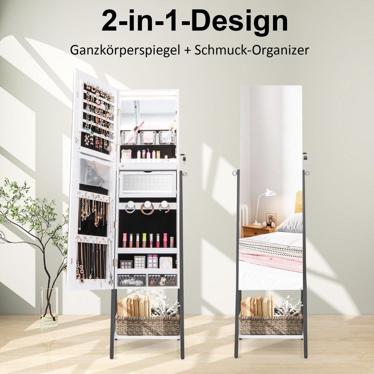 B2X Schmuckschrank mit Spiegel & 3-farbigen LED Beleuchtung 41,5 x 37 x 157 cm Weiß  