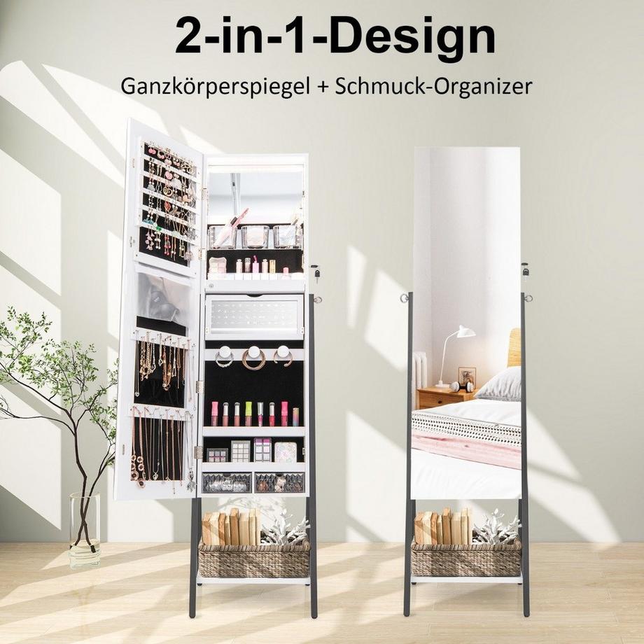 B2X Schmuckschrank mit Spiegel & 3-farbigen LED Beleuchtung 41,5 x 37 x 157 cm Weiß  