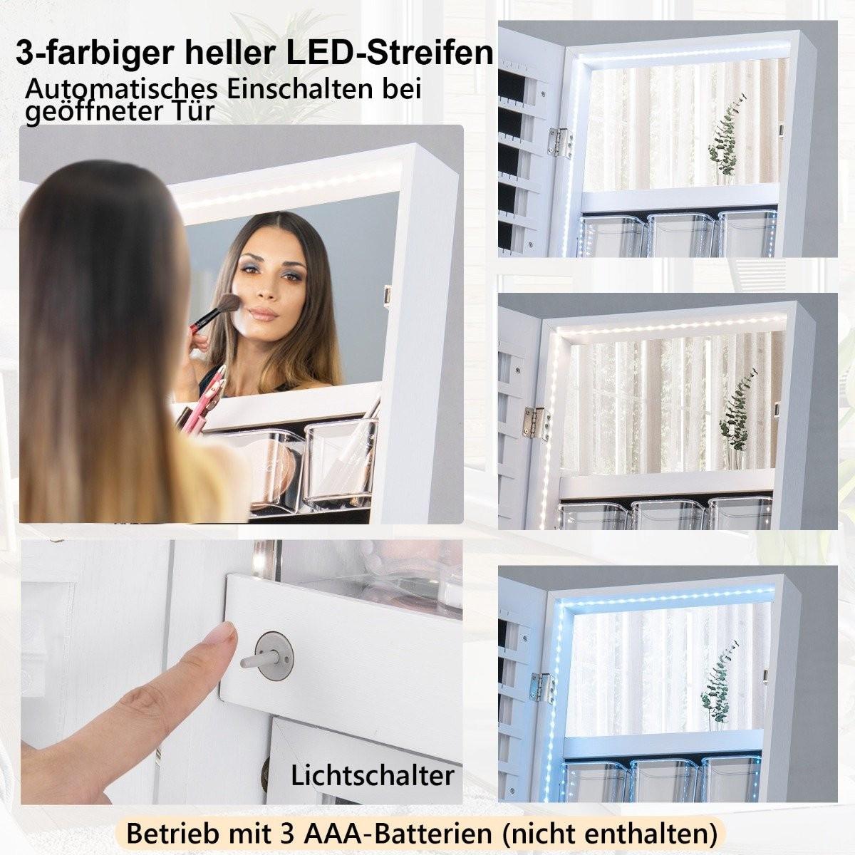 B2X Schmuckschrank mit Spiegel & 3-farbigen LED Beleuchtung 41,5 x 37 x 157 cm Weiß  