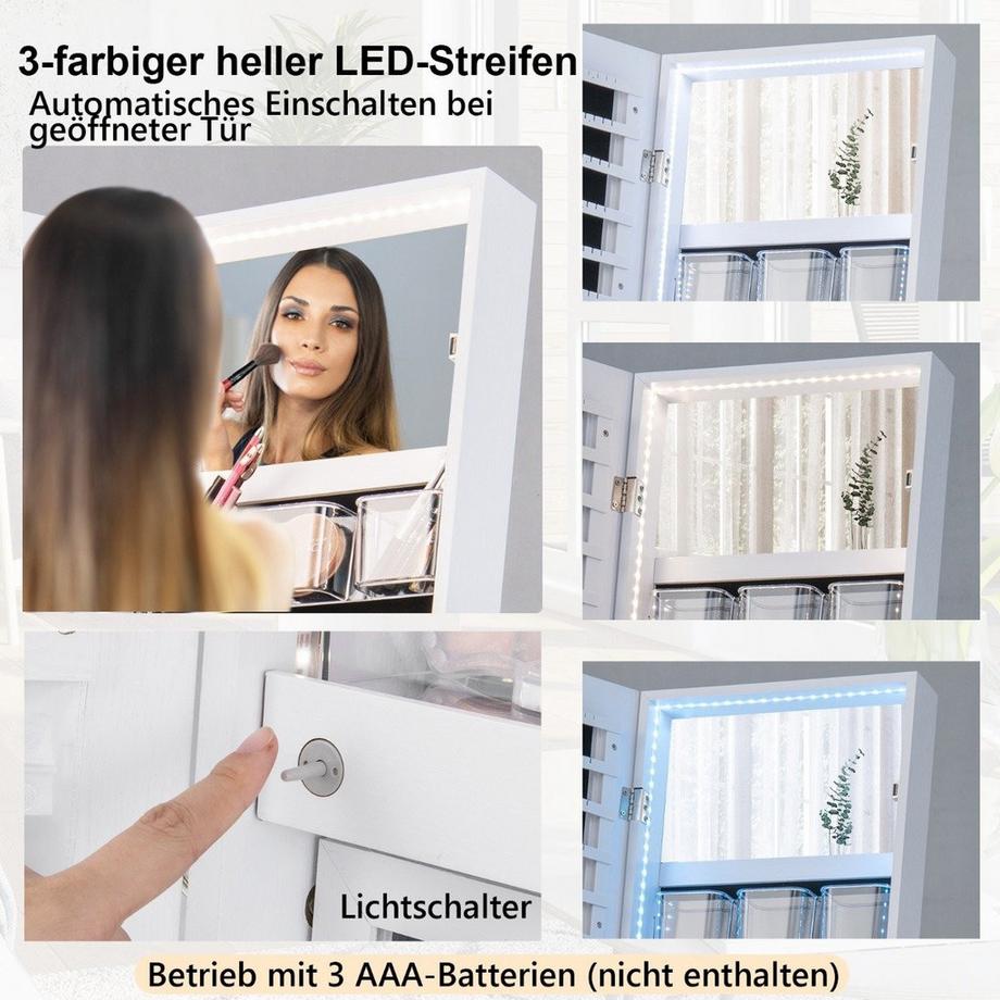 B2X Schmuckschrank mit Spiegel & 3-farbigen LED Beleuchtung 41,5 x 37 x 157 cm Weiß  