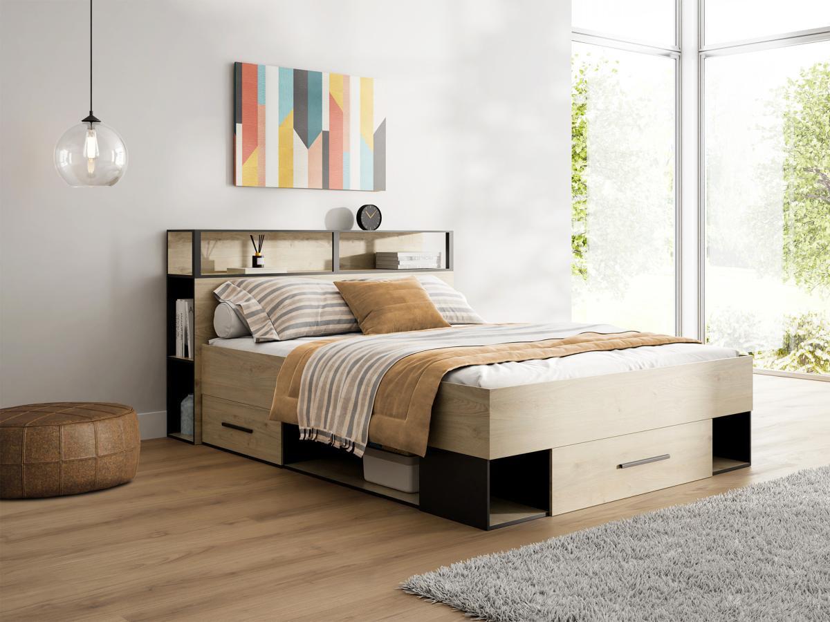 Vente-unique Letto con vani portaoggetti 140 x 190 cm Naturale e Nero - NOALIA  